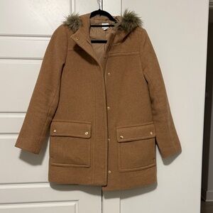 Women's Tan Hooded Coat with Faux Fur Trim
